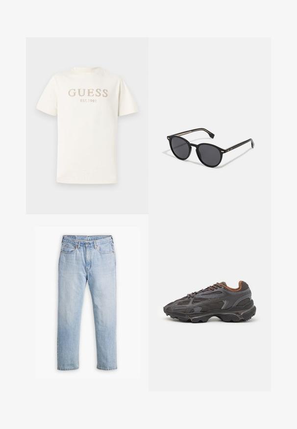 Sweater leve de cor preta com colarinho de meio zíper, punhos e barra canelados, apresentando um pequeno logótipo verde no peito.; T-shirt branca de mangas curtas, feita de algodão macio, com a impressão em relevo "GUESS" e "EST. 1981" em bege claro na parte frontal.; Jeans de denim azul claro com um design de perna reta, estilo de cinco bolsos e costura contrastante. Fecho com botão e zíper na cintura.; Ténis Lacoste em cinza-escuro com material em malha e sintético, apresentando uma sola texturizada e detalhes castanhos na gola e na marca.; BOSS Óculos de sol - black