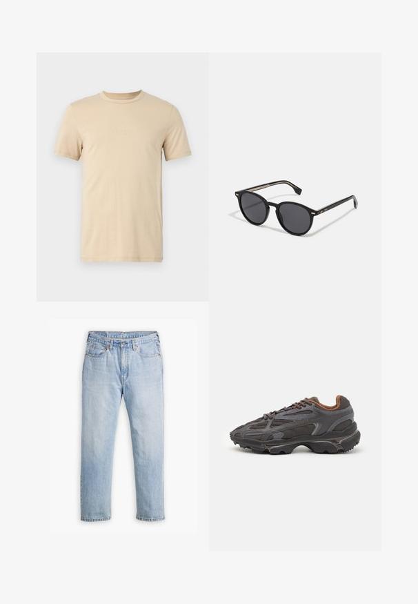 Czarny, lekki sweter z półzamkiem, z prążkowanymi mankietami i dołem, z małym zielonym logo na piersi.; Beżowa bawełniana koszulka z krótkim rękawem, okrągłym dekoltem i wytłoczonym napisem LOGO z przodu. Gładka tekstura i standardowy krój.; Jasnoniebieskie dżinsy wykonane z denimu o prostym kroju, styl pięciu kieszeni i kontrastowe szwy. Zapięcie na guziki i zamek błyskawiczny w talii.; Sneakers Lacoste w ciemnoszarym kolorze, wykonane z siateczki i materiału syntetycznego, z teksturowaną podeszwą oraz brązowymi akcentami na kołnierzu i logotypie.; BOSS Okulary przeciwsłoneczne