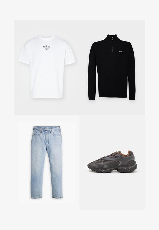 Maglione leggero nero con collo a mezza zip, polsini e orlo a coste, caratterizzato da un piccolo logo verde sul petto.; T-shirt bianca in cotone con scollatura rotonda, vestibilità morbida e una grafica argentata con ali nella zona del petto.; Jeans in denim blu chiaro con design a gamba dritta, stile a cinque tasche e cuciture a contrasto. Chiusura con bottone e zip in vita.; Sneaker Lacoste grigie scure in materiale mesh e sintetico, con suola testurizzata e dettagli marroni sul colletto e sul branding.