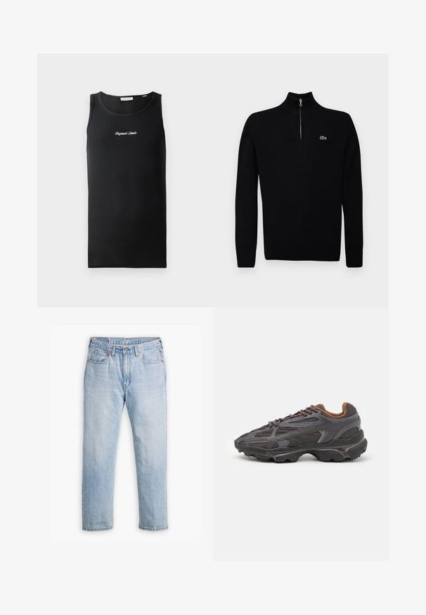 Svart lett genser med halv-zip krage, ribbestrikkede mansjetter og kant, med en liten grønn logo på brystet.; Svart tanktopp i ribbestrikket stoff. Har en rund halslinning og en liten hvit "Originals Studio"-logo på brystet.; Lyseblå denimjeans med rett ben-design, fem-lommers stil og kontrastsøm. Knappe- og glidelåslukking i livet.; Lacoste-sneakers i mørkegrått med mesh- og syntetisk materiale, med en teksturert såle og brune detaljer på kragen og merket.