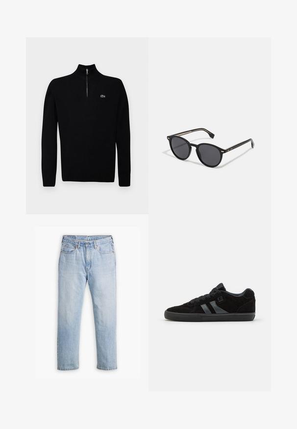 Black lightweight sweater with a half-zip collar, ribbed cuffs and hem, featuring a small green logo on the chest.; Light blue denim jeans with a straight leg design, five-pocket style, and contrasting stitching. Button and zipper closure at the waist.; Black suede skate shoes with dark rubber soles, featuring gray side stripes and matching laces, designed for comfort and durability.; BOSS Sunglasses - black