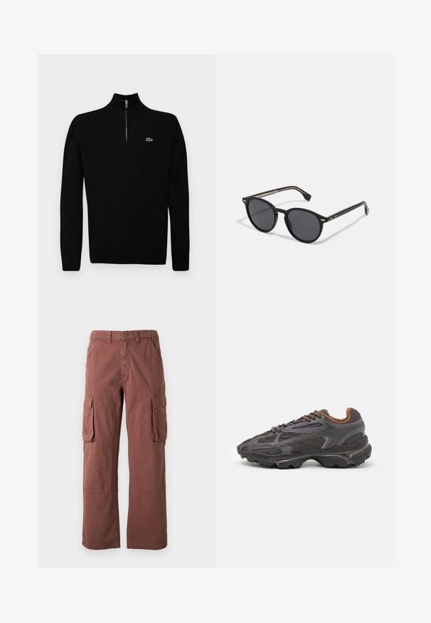 Juodas lengvas megztinis su pusiau užtrauktuku, su raštuotais rankogaliais ir apatine dalimi, su mažuoju žaliu logotipu ant krūtinės.; Krovinių kelnės rudų tonų, pagamintos iš patvarios medžiagos. Turėdamos dideles šonines kišenes, tiesias kojas ir mygtukų užtraukimą liemens srityje.; Lacoste sportbačiai tamsiai pilki, pagaminti iš tinklinės ir sintetinių medžiagų, su tekstūruotu padu ir rudomis detalėmis ant apykaklės bei prekės ženklo.; BOSS Akiniai nuo saulės - black