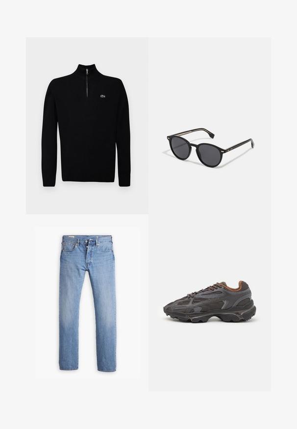 Crna lagana džemperica s ovratnikom na zatvarač na polovici, rebrastim manžetama i rubovima, s malim zelenim logotipom na prsima.; Levi's® 501® ORIGINAL - Traperice ravnih nogavica - smooth cruise cool; Lacoste tenisice u tamno sivoj boji s mrežastim i sintetičkim materijalom, s teksturiranom potplatom i smešnim akcentima na ovratniku i brandiranju.; BOSS Sunčane naočale - black