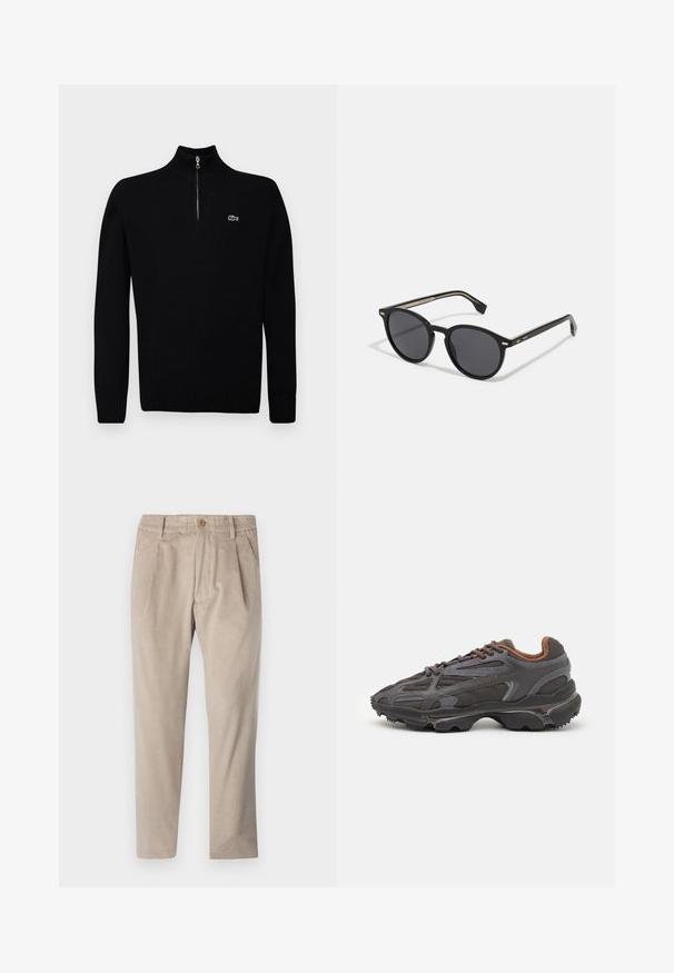 Maglione leggero nero con collo a mezza zip, polsini e orlo a coste, caratterizzato da un piccolo logo verde sul petto.; Pantaloni in cordura beige con un cintura elastica, chiusura con bottone e dettagli plissettati, caratterizzati da un design a gamba dritta e un tessuto testurizzato.; Sneaker Lacoste grigie scure in materiale mesh e sintetico, con suola testurizzata e dettagli marroni sul colletto e sul branding.; BOSS Occhiali da sole - black