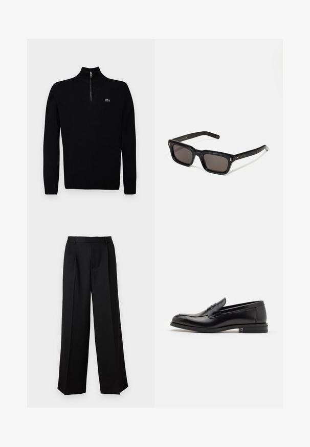 Pulover ușor negru cu guler cu fermoar până la jumătate, cu manșete și tiv zimțat, având un mic logo verde pe piept.; Paul & Joe PANTALON - Pantaloni - noir; Mocasini din piele neagră cu o textură netedă, vârf rotund și o curea decorativă peste partea superioară. Toc mic, design minimalist.; Ochelari de soare negri, rectangul care au lentile întunecate, ramă din plastic gros, accente aurii pe brațe și logo-ul brandului gravat pe mâner.