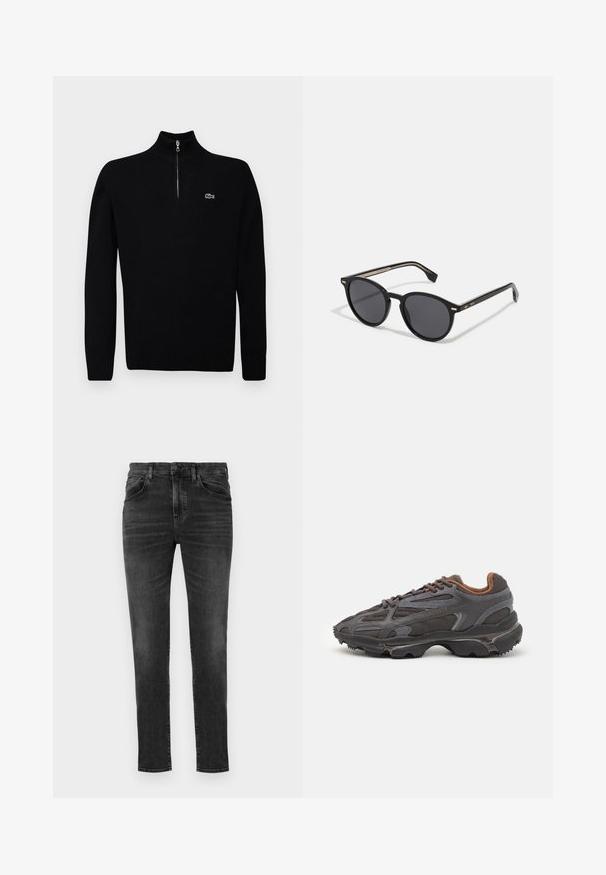 Black lightweight sweater with a half-zip collar, ribbed cuffs and hem, featuring a small green logo on the chest.; BOSS ONYX - Jeans Tapered Fit - charcoal; Lacoste sneakers in dark gray with mesh and synthetic material, featuring a textured sole and brown accents on the collar and branding.; BOSS Sunglasses - black