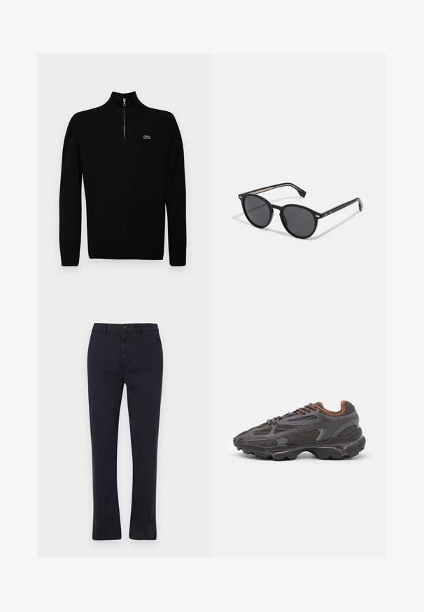 Crna lagana džemperica s ovratnikom na zatvarač na polovici, rebrastim manžetama i rubovima, s malim zelenim logotipom na prsima.; Tamno plave pamučne hlače ravnog kroja, s prednjim zatvaračem i kopčanjem na gumb; s petljama za remen i bočnim džepovima.; Lacoste tenisice u tamno sivoj boji s mrežastim i sintetičkim materijalom, s teksturiranom potplatom i smešnim akcentima na ovratniku i brandiranju.; BOSS Sunčane naočale - black