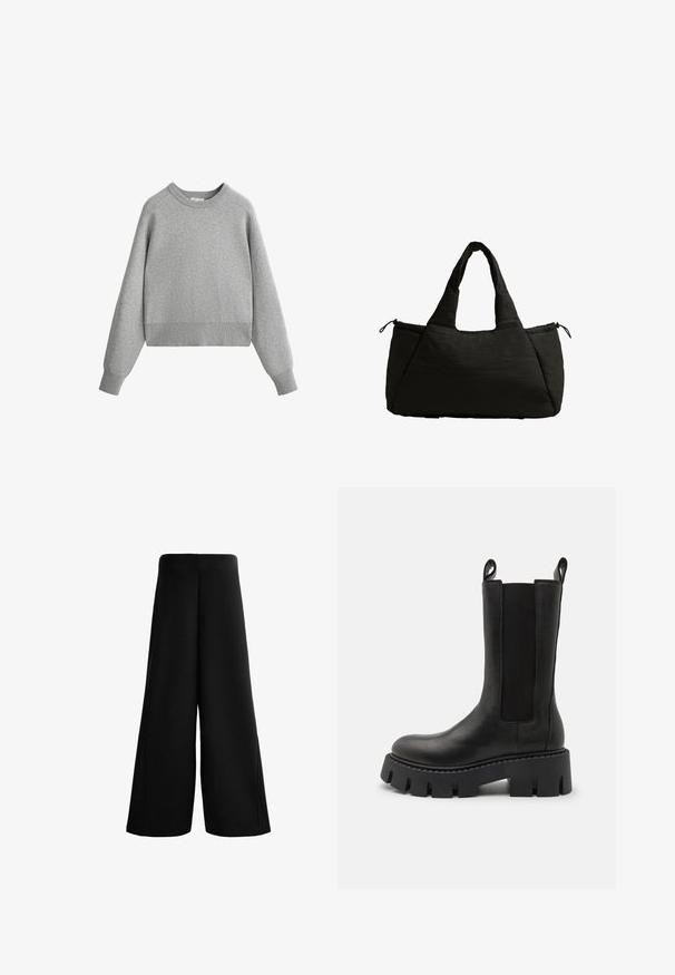 Szara bluza z okrągłym dekoltem i długimi rękawami raglanowymi. Wykonana z miękkiego materiału, z ribbowanym dekoltem i wykończeniem. Lekka i swobodna konstrukcja.; Czarne spodnie o szerokich nogawkach wykonane z miękkiego materiału. Posiadają wysoki stan i gładką fakturę z czystymi liniami, oferując luźne, swobodne dopasowanie.; Czarne skórzane botki za kostkę z elastycznymi panelami bocznymi, uchwytami do zakupu, grubą, żłobioną podeszwą i wzmocnionymi detalami szwów. Powierzchnia ma gładką teksturę.; Czarna torba typu tote o puszystej fakturze, z dwoma krótkimi uchwytami i boczną kieszenią zabezpieczoną sznurkiem. Prosta, kątowa konstrukcja.