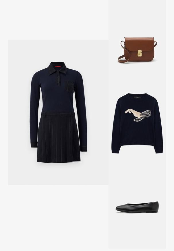 Pull en maille bleu marine avec un motif de oiseau de couleur crème. Le design comprend des motifs linéaires et un col et des poignets côtelés.; Robe polo marine à manches longues, texture côtelée, fermeture à boutons et poche sur la poitrine ; la jupe présente des rayures verticales et des plis.; Paul Smith TOPANGA - Ballerines - black; Sac à main en cuir marron avec une fermeture à rabat, des accents en métal doré, une bandoulière et une texture lisse. Forme rectangulaire compacte.