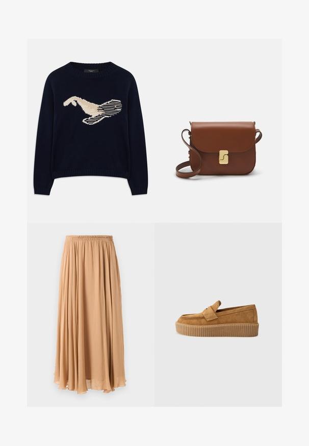 Temno modra pletena pulover z grafiko ptice v kremni barvi. Oblikovanje vključuje linearne vzorce ter rebrast ovratnik in manšete.; Maxi krilo v svetlem bežu, izdelano iz lahkotnega materiala. Ima nabran elastičen pas in mehak nabran kroj, ki omogoča gibanje.; Brajni semiš loafers z okroglo konico, ki imajo rebrast podplat in dekorativni trak čez zgornji del.; Rjava usnjena torbica s poklopcem, zlato obarvani okovi, naramnica in gladka tekstura. Kompaktna pravokotna oblika.