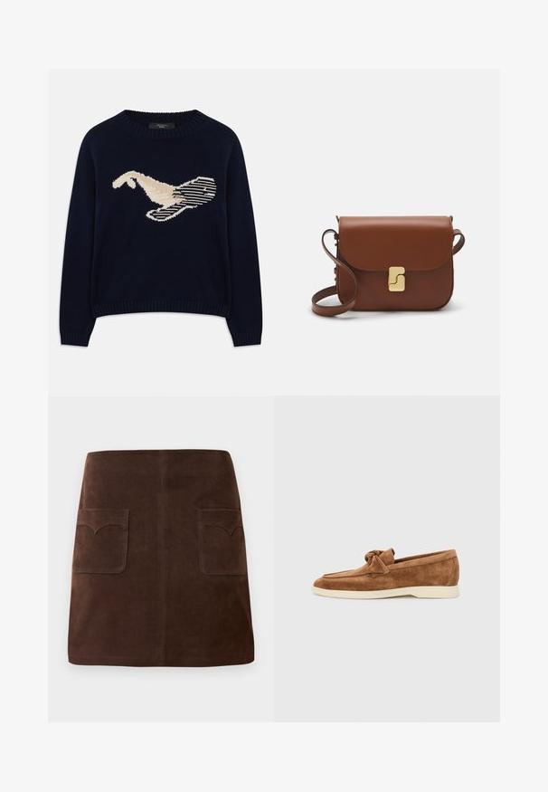 Granatowy sweter w dzianinę z kremową grafiką przedstawiającą ptaka. Wzór zawiera liniowe motywy oraz ściągacz na dekolcie i mankietach.; Brązowa zamszowa spódnica w klasycznym kształcie A, z dwiema przednimi kieszeniami z zaokrąglonymi klapami i subtelnymi detalami szewnymi.; Brązowe zamszowe mokasyny z ozdobnym supłem, niskoprofilowym fasonem i kontrastową kremową podeszwą z gumy.; Brązowa skórzana torebka na ramię z klapką, złotymi detalami, paskiem na ramię i gładką teksturą. Kompaktowy prostokątny kształt.