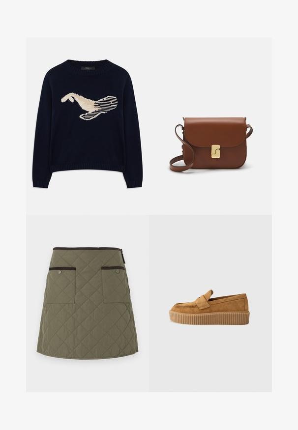 Tamno plavi pleteni pulover s kremastom grafikom ptice. Dizajn uključuje linearne uzorke te rebrasti dekolte i rukave.; Pufasta suknja u maslinastoj zelenoj boji s rubom iznad koljena. Ima dva prednja džepa s tamnosmešnim detaljima i zatvaranje na zip.; Smešaneti mokasini od smeđeg sukna s okruglim vrhom, s rebrastim platformom i dekorativnom trakom preko gornjeg dijela.; Smeđa kožna torba s preklopom, zlatnim detaljima, remenom za nošenje preko ramena i glatkom teksturom. Kompaktni pravokutni oblik.