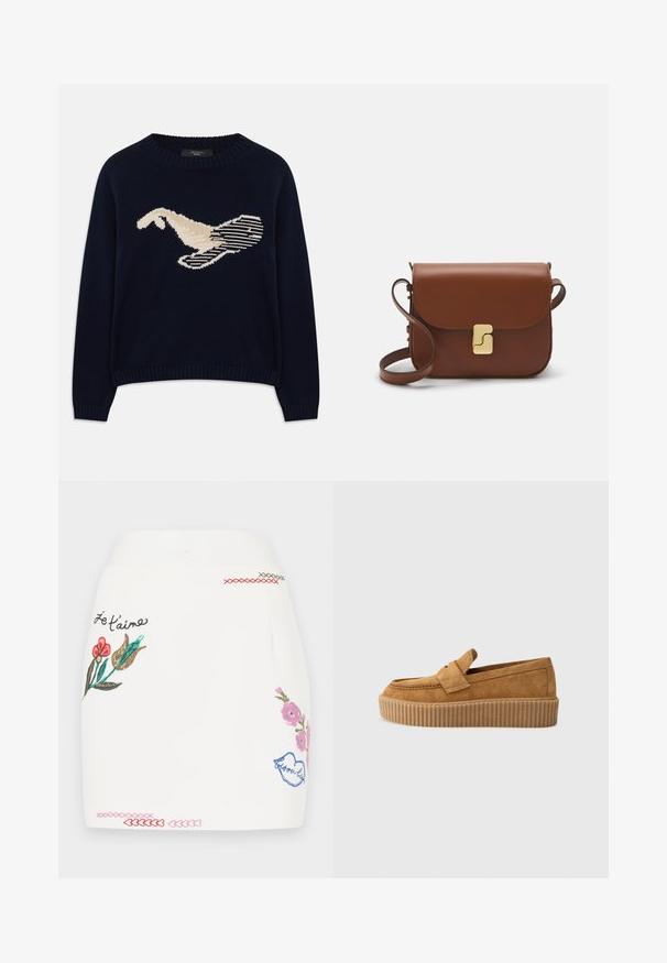 Tumed sinine kudum-sweater, millel on kreemjas värvuses lindude graafika. Kujundus sisaldab lineaarseid mustreid ning soonikkoes krae ja varrukaotsi.; Valge seelik, millel on värviline lilleline tikand roosa, punase ja rohelise värviga. Seeliku äärel on dekoratiivne neetimise detail ja fraas "Je t'aime."; Pruun nubukloafer ümmarguse varbaga, ribadega platvormi tallaga ja dekoratiivse rihmaga ülevalt.; Pruunist nahast käekott, millel on klapiga sulgur, kuldne riistvara, õlarihm ja sile tekstuur. Kompaktne ristkülikukujuline vorm.