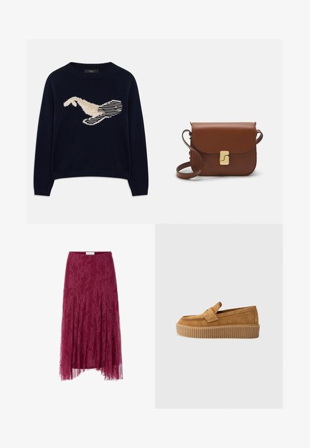 Tumed sinine kudum-sweater, millel on kreemjas värvuses lindude graafika. Kujundus sisaldab lineaarseid mustreid ning soonikkoes krae ja varrukaotsi.; Burgundia pitsakattega seelik, millel on lillemuster, läbipaistev kangakiht ja kortsuline disain. Omab figuuri rõhutatavat vöökohta ja voogavat siluetti.; Pruun nubukloafer ümmarguse varbaga, ribadega platvormi tallaga ja dekoratiivse rihmaga ülevalt.; Pruunist nahast käekott, millel on klapiga sulgur, kuldne riistvara, õlarihm ja sile tekstuur. Kompaktne ristkülikukujuline vorm.