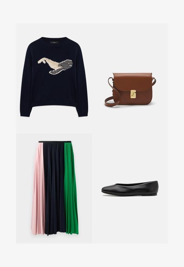 Marineblauwe gebreide trui met een crèmekleurige graphic van een vogel. Het ontwerp bevat lineaire patronen en een geribde halslijn en manchetten.; Plisserende rok met panelen in roze, marineblauw en groen. Gemaakt van zachte stof met een elastische tailleband voor een comfortabele pasvorm.; Paul Smith TOPANGA - Ballerina's - black; Bruine leren handtas met een klep sluiting, gouden hardware, een schouderband en een gladde textuur. Compact rechthoekige vorm.