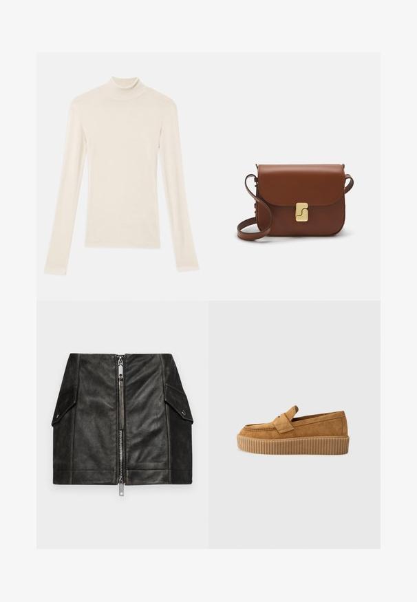 Tmavě modrý pletený svetr se smetanovým grafickým motivem ptáka. Design obsahuje liniové vzory a žebrovaný výstřih a manžety.; Krémový rolák s dlouhým rukávem vyrobený z měkké, lehké látky. Obsahuje přiléhavý střih s hladkými švy a úzkým límcem.; Černá kožená mini sukně s předním zipem, dvěma bočními kapsami a hladkou texturou. Obsahuje zpevněné švy a strukturovaný design.; Hnědé semišové mokasíny s kulatou špičkou, se žebrovanou platformou a dekoračním páskem přes vrch.; Hnědá kožená kabelka s klopou, zlatými kovovými detaily, ramenním popruhem a hladkým povrchem. Kompaktní obdélníkový tvar.