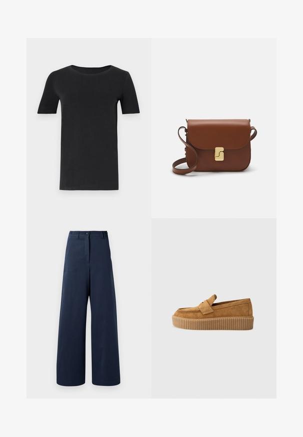 Navy blue knit sweater featuring a cream-colored graphic of a bird. The design includes linear patterns and a ribbed neckline and cuffs.; Black short-sleeve t-shirt made of soft cotton, with a round neckline and a classic fit. Smooth texture, no patterns or embellishments.; Navy wide-leg trousers made of smooth fabric, featuring a high waist with two front buttons, two side pockets, and straight hems.; Brown suede loafer with a round toe, featuring a ribbed platform sole and a decorative strap across the upper.; Brown leather handbag with a flap closure, gold-tone hardware, a shoulder strap, and a smooth texture. Compact rectangular shape.