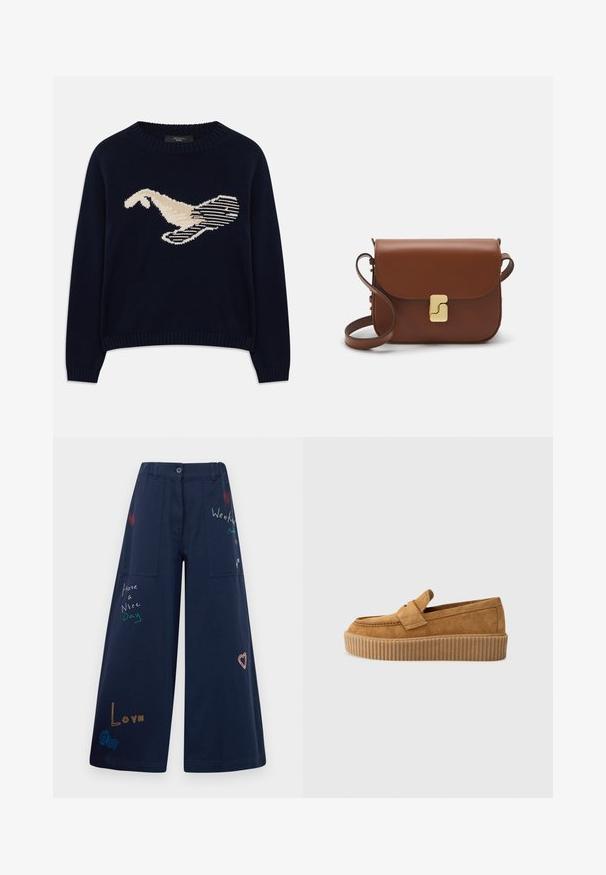 Dunkelblauer Strickpullover mit einem cremefarbenen Grafikdesign eines Vogels. Das Design umfasst lineare Muster sowie ein geripptes Halsbündchen und Manschetten.; Navyblaue weite Baumwollhosen mit mehreren Taschen. Enthält farbenfrohe gestickte Texte und Grafiken, darunter Herzen und verspielte Phrasen.; Brauner Wildleder-Loafer mit runder Zehenform, ausgestattet mit einer gerippten Plattformsohle und einem dekorativen Riemen über dem Obermaterial.; Braune Ledertasche mit Klappenverschluss, Beschlägen in Goldfarbe, einem Schultergurt und einer glatten Oberfläche. Kompakte rechteckige Form.
