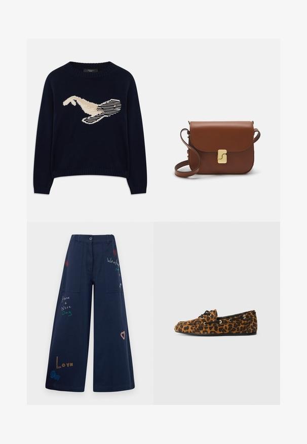 Temno modra pletena pulover z grafiko ptice v kremni barvi. Oblikovanje vključuje linearne vzorce ter rebrast ovratnik in manšete.; Temno modre široke hlače iz bombaža z več žepi. Imajo barvno vezeno besedilo in grafike, vključno s srčki in igrivimi frazami.; Loaferji v leopardjem vzorcu z mehkim teksturo, okroglo obliko, črnimi vezalkami in zlatimi očesci, s ploskim gumijastim podplatom.; Rjava usnjena torbica s poklopcem, zlato obarvani okovi, naramnica in gladka tekstura. Kompaktna pravokotna oblika.