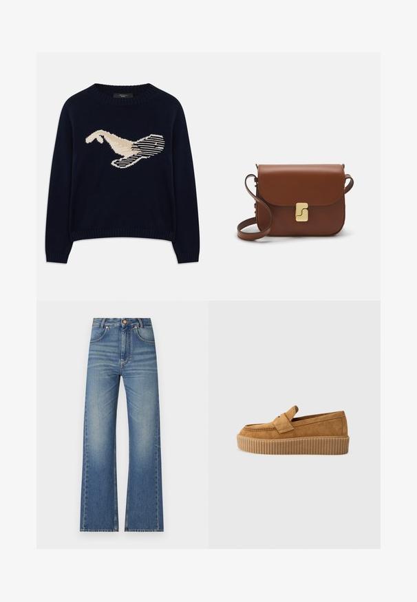 Tamno plavi pleteni pulover s kremastom grafikom ptice. Dizajn uključuje linearne uzorke te rebrasti dekolte i rukave.; Raskrštene traperice svijetloplave boje, s visokim strukom, dizajnom od pet džepova i blagim izbljeđivanjem za teksturirani izgled.; Smešaneti mokasini od smeđeg sukna s okruglim vrhom, s rebrastim platformom i dekorativnom trakom preko gornjeg dijela.; Smeđa kožna torba s preklopom, zlatnim detaljima, remenom za nošenje preko ramena i glatkom teksturom. Kompaktni pravokutni oblik.