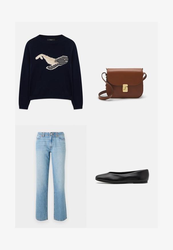 Navy blue knit sweater featuring a cream-colored graphic of a bird. The design includes linear patterns and a ribbed neckline and cuffs.; RE/DONE THE SANASA - Relaxed fit jeans - media noche; Paul Smith TOPANGA - Ballet pumps - black; Brown leather handbag with a flap closure, gold-tone hardware, a shoulder strap, and a smooth texture. Compact rectangular shape.