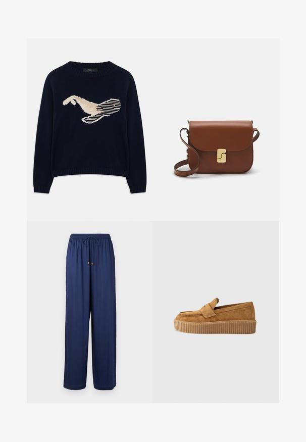Námornícky modrý pletený sveter s krémovou grafikou vtáka. Dizajn obsahuje lineárne vzory a rebrovaný výstrih a manžety.; Námornícky modré nohavice s širokými nohavicami, elastickým pásom a šnúrkou, s kovovými akcentmi v zlatej farbe na koncoch šnúrky. Mäkká textúra látky.; Hnedé semišové mokasíny s okrúhlym špičkou, s rebrovanou platformovou podrážkou a dekoratívnym pásikom cez hornú časť.; Hnedá kožená kabelka s klopou, zlatými kovovými prvkami, ramenným popruhom a hladkým povrchom. Kompaktný obdĺžnikový tvar.