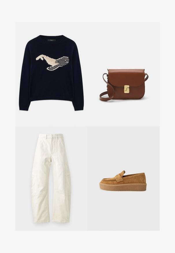Mörkblå stickad tröja med en krämfärgad grafik av en fågel. Designen inkluderar linjära mönster samt ribbade muddar och halsringning.; Beiga cargobyxor med lös passform, featuring flera fickor med lappar, dragkedja och en texturerad yta. Tillverkade av slitstarkt bomullsmaterial.; Bruna mockaläder loafers med rund tå, med en ribbad plattformssula och ett dekorativt band över ovansidan.; Brun läderhandväska med klaffstängning, guldfärgad hårdvara, axelrem och en slät yta. Kompakt rektangulär form.