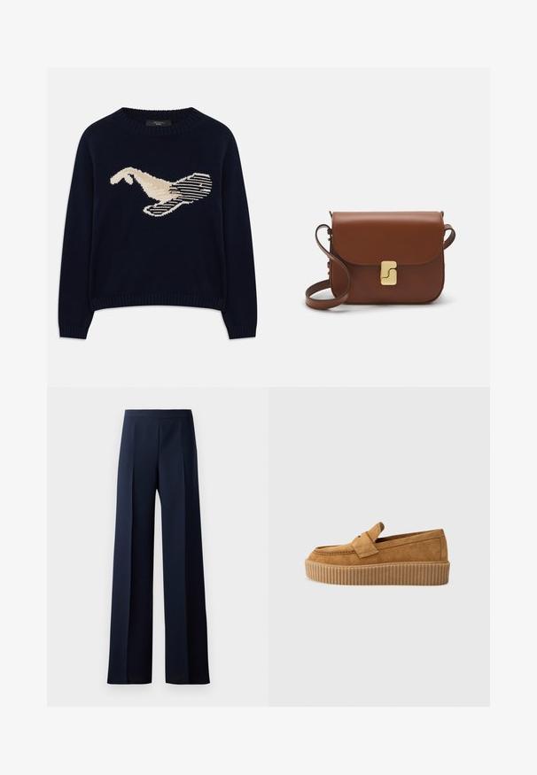 Marineblauwe gebreide trui met een crèmekleurige graphic van een vogel. Het ontwerp bevat lineaire patronen en een geribde halslijn en manchetten.; Wijde broek met een donkerblauwe stof, met een gladde textuur, subtiele voorplooien en een aansluitende tailleband voor een gestroomlijnde silhouette.; Bruine suède instapper met een ronde neus, voorzien van een ribbelige platformzool en een decoratieve band over de bovenkant.; Bruine leren handtas met een klep sluiting, gouden hardware, een schouderband en een gladde textuur. Compact rechthoekige vorm.