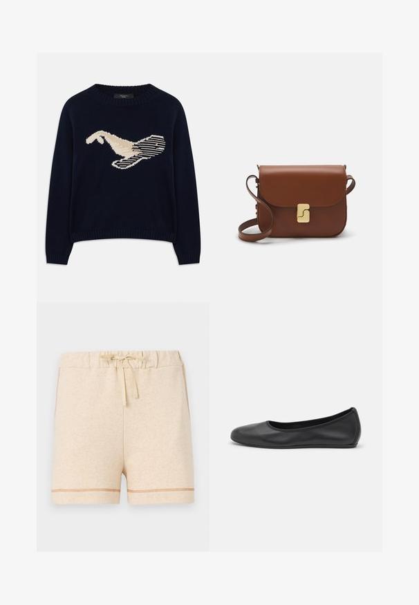 Marineblauwe gebreide trui met een crèmekleurige graphic van een vogel. Het ontwerp bevat lineaire patronen en een geribde halslijn en manchetten.; Beige katoenen shorts met een elastische tailleband en trekkoord. Kenmerkt zich door contrasterende stikdetails langs de zoom en zijkanten.; Zwarte leren ballerina met een ronde neus, gladde textuur, minimale stikdetails en een flexibele zoolontwerp.; Bruine leren handtas met een klep sluiting, gouden hardware, een schouderband en een gladde textuur. Compact rechthoekige vorm.