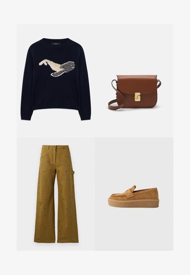 Tamsiai mėlynas megztinis su kreminės spalvos paukščio grafiką. Dizainas apima linijines formas ir pulpino apykaklę bei rankogalius.; Plačiai-suknelės kelnės olivų žalios spalvos audinyje su gėlių siuvinėjimu. Yra sagos uždarymas ir šoninė kišenė. Visame gaminyje yra struktūrinis siuvimo detalės.; Rudos suedinės loafer tipo bateliai su apvaliu pirštu, turintys raukšlėtą platformos padą ir dekoratyvinę juostą per viršutinę dalį.; Ruda odinė rankinė su uždaromu dangteliu, aukso spalvos detalėmis, petneša ir lygiu paviršiumi. Kompaktiška stačiakampio formos.