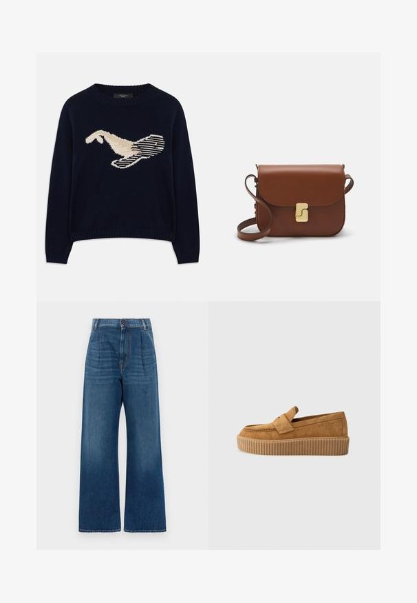Tengerészkék kötött pulóver, amelyen egy krémszínű madár grafika található. A dizájn vonalas mintákat és bordázott nyakat, valamint mandzsettákat tartalmaz.; Magasan ültetett, széles lábú kék farmert nede; elöl gombos záródással, redőzéssel és a szárak végén diszkrét világosodással, amely sötét kékből világos kékbe megy át.; Barna velúr lódon, kerek orral, bordázott platform talppal és díszes pánttal a felső részen.; Barna bőr kézitáska, hajtókás zárással, arany színű fém kiegészítőkkel, vállpánttal és sima felülettel. Kompakt téglalap alakú.
