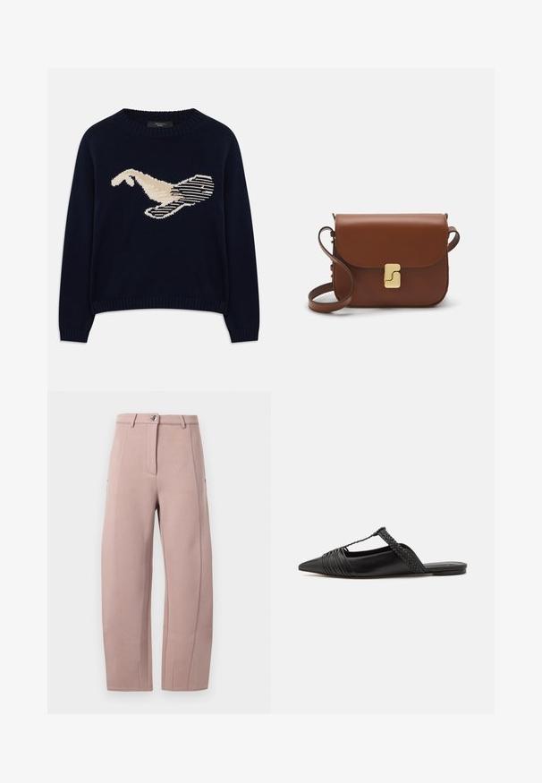 Marineblauwe gebreide trui met een crèmekleurige graphic van een vogel. Het ontwerp bevat lineaire patronen en een geribde halslijn en manchetten.; Broek in zacht, lichtroze stof met een rechte snit, voorzien van een voorrits, een knoopsluiting en zijzakken. Glad textuur met naden details.; Zwarte leren slingback schoen met een puntige neus, voorzien van een gevlochten accent en geplooid ontwerp aan de bovenkant. Platte zool met minimale hardware.; Bruine leren handtas met een klep sluiting, gouden hardware, een schouderband en een gladde textuur. Compact rechthoekige vorm.