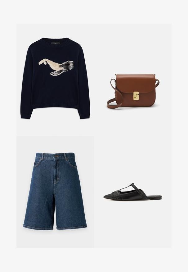 Pull en maille bleu marine avec un motif de oiseau de couleur crème. Le design comprend des motifs linéaires et un col et des poignets côtelés.; Shorts en denim bleu foncé avec taille haute, cinq poches et une coupe droite. Comprend des coutures visibles et une fermeture à boutons sur le devant.; Chaussure en cuir noir à talon ouvert avec un bout pointu, présentant un accent tressé et un design supérieur plissé. Semelle plate avec un matériel minimal.; Sac à main en cuir marron avec une fermeture à rabat, des accents en métal doré, une bandoulière et une texture lisse. Forme rectangulaire compacte.