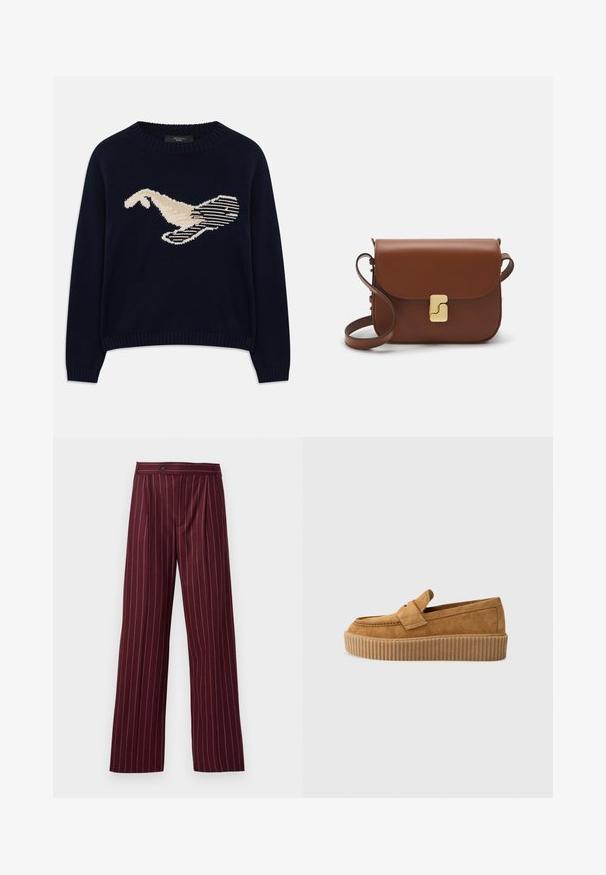 Mørkeblå striktrøje med en cremefarvet grafik af en fugl. Designet inkluderer linære mønstre samt ribbet halsudskæring og manchetter.; Bordeaux brede bukser med stripemønster, foldet front og knaplukning, lavet af et glat stof med en struktureret design.; Brune ruskinds loafers med rund tå, der har en ribbet platformssål og et dekorativt bånd henover overdelen.; Brun læder håndtaske med flaplukning, hardware i gyldent tone, en skulderrem og en glat overflade. Kompakt rektangulær form.