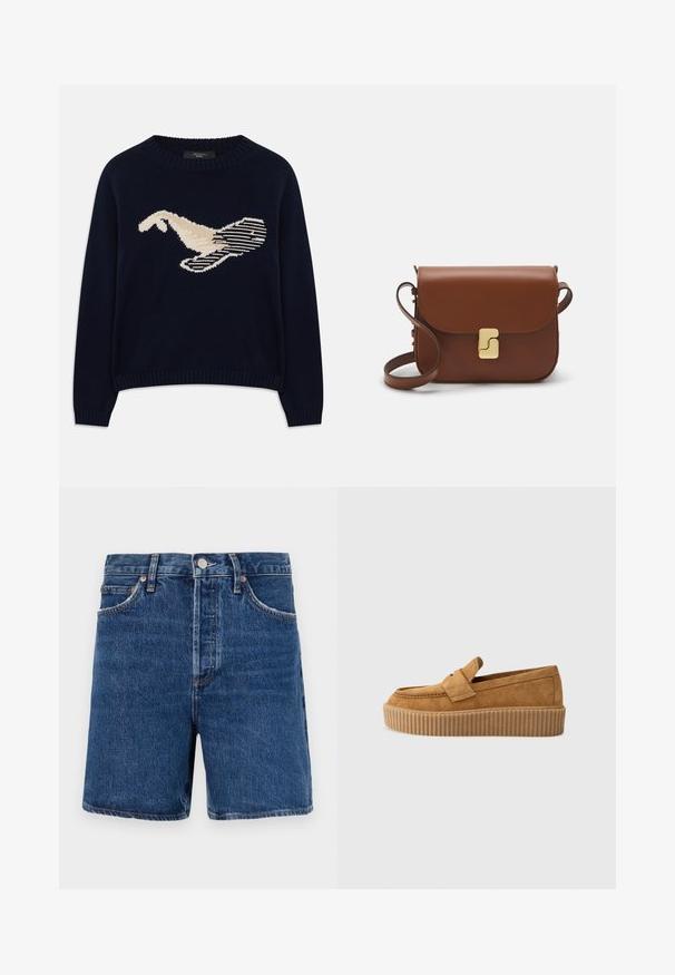 Suéter de malha azul-marinho com um gráfico de uma ave em creme. O design inclui padrões lineares e um decote e punhos canelados.; Calças de ganga curtas em azul-escuro com um corte clássico, com cinco bolsos, fecho de botão e detalhes de costura laranja em contraste.; Sandalho de camurça castanho com bico redondo, apresentando uma sola plataforma ribeteada e uma faixa decorativa na parte superior.; Bolsa de couro castanho com fecho de aba, decoração em tom dourado, alça de ombro e textura suave. Formato retangular compacto.