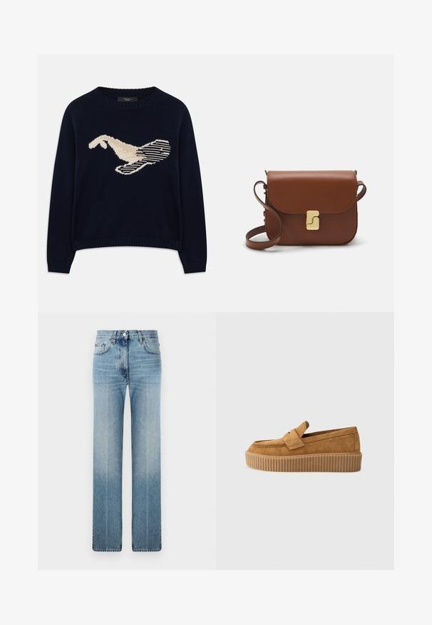 Tumed sinine kudum-sweater, millel on kreemjas värvuses lindude graafika. Kujundus sisaldab lineaarseid mustreid ning soonikkoes krae ja varrukaotsi.; Heledad sinine sirge säärega teksapüksid, millel on kerge kulumine, klassikaline viie taskuga kujundus ja metallist nööp kinnitamiseks vööl.; Pruun nubukloafer ümmarguse varbaga, ribadega platvormi tallaga ja dekoratiivse rihmaga ülevalt.; Pruunist nahast käekott, millel on klapiga sulgur, kuldne riistvara, õlarihm ja sile tekstuur. Kompaktne ristkülikukujuline vorm.