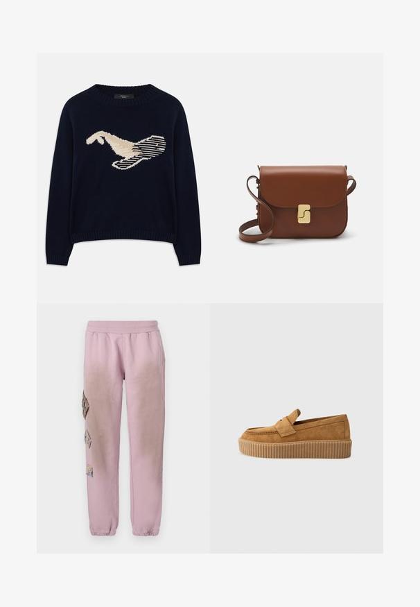 Námornícky modrý pletený sveter s krémovou grafikou vtáka. Dizajn obsahuje lineárne vzory a rebrovaný výstrih a manžety.; Ružové tepláky s elastickým pásom, s ozdobnými nášivkami v tvare diamantu na ľavej strane a elastickými manžetami na členkoch.; Hnedé semišové mokasíny s okrúhlym špičkou, s rebrovanou platformovou podrážkou a dekoratívnym pásikom cez hornú časť.; Hnedá kožená kabelka s klopou, zlatými kovovými prvkami, ramenným popruhom a hladkým povrchom. Kompaktný obdĺžnikový tvar.
