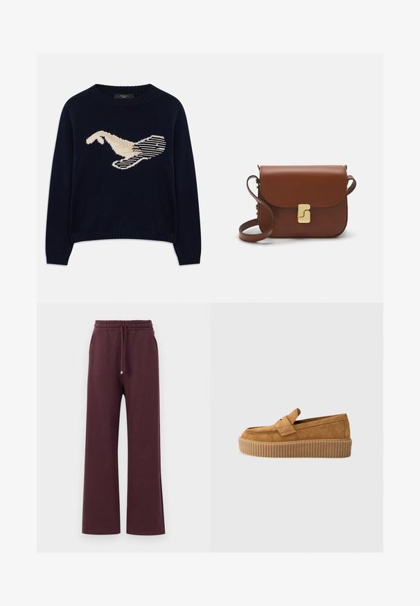 Pulover tricotat de culoare bleu marin, cu un grafic de pasăre de culoare crem. Designul include modele liniare și un guler și manșete cu model în relief.; Pantaloni largi burgund cu talie elastică, șnur și buzunare laterale. Realizați dintr-un material moale, neted, cu o croială lejeră.; Mocasini din nubuc maroniu cu vârf rotund, având o talpă platformă cu nervuri și o curea decorativă peste partea superioară.; Geantă de piele maro cu închidere tip capac, accesorii de culoare aurie, curea de umăr și o textură netedă. Formă compactă și rectangulară.