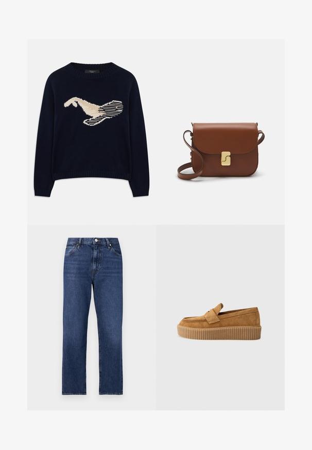 Mörkblå stickad tröja med en krämfärgad grafik av en fågel. Designen inkluderar linjära mönster samt ribbade muddar och halsringning.; Jeans i en mörkblå tvätt. Rakt ben-design med femfickor, framknappstängning och kontrasterande sömmar.; Bruna mockaläder loafers med rund tå, med en ribbad plattformssula och ett dekorativt band över ovansidan.; Brun läderhandväska med klaffstängning, guldfärgad hårdvara, axelrem och en slät yta. Kompakt rektangulär form.