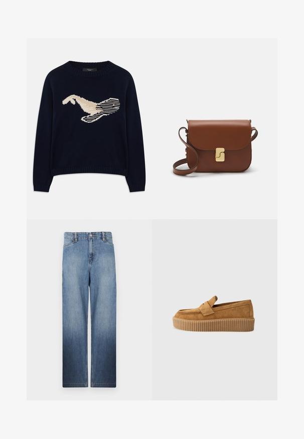 Tmavě modrý pletený svetr se smetanovým grafickým motivem ptáka. Design obsahuje liniové vzory a žebrovaný výstřih a manžety.; Světle modré džíny rovného střihu s efektem blednutí, pěti kapsami a kovovým zapínáním na knoflík v pase.; Hnědé semišové mokasíny s kulatou špičkou, se žebrovanou platformou a dekoračním páskem přes vrch.; Hnědá kožená kabelka s klopou, zlatými kovovými detaily, ramenním popruhem a hladkým povrchem. Kompaktní obdélníkový tvar.