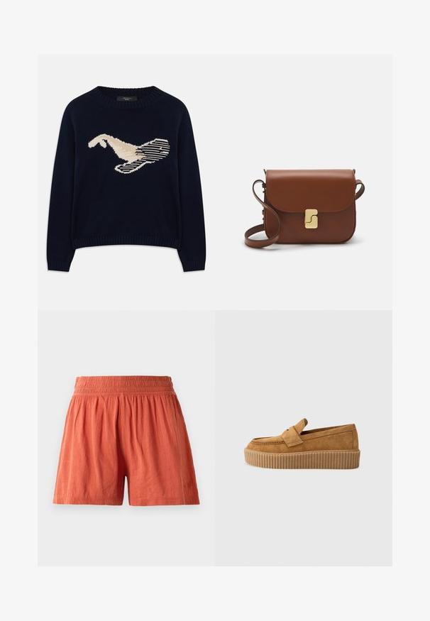 Navy blue knit sweater featuring a cream-colored graphic of a bird. The design includes linear patterns and a ribbed neckline and cuffs.; Terracotta shorts with an elastic waistband, made from textured fabric, feature a loose fit and subtle branding on the hem.; Brown suede loafer with a round toe, featuring a ribbed platform sole and a decorative strap across the upper.; Brown leather handbag with a flap closure, gold-tone hardware, a shoulder strap, and a smooth texture. Compact rectangular shape.