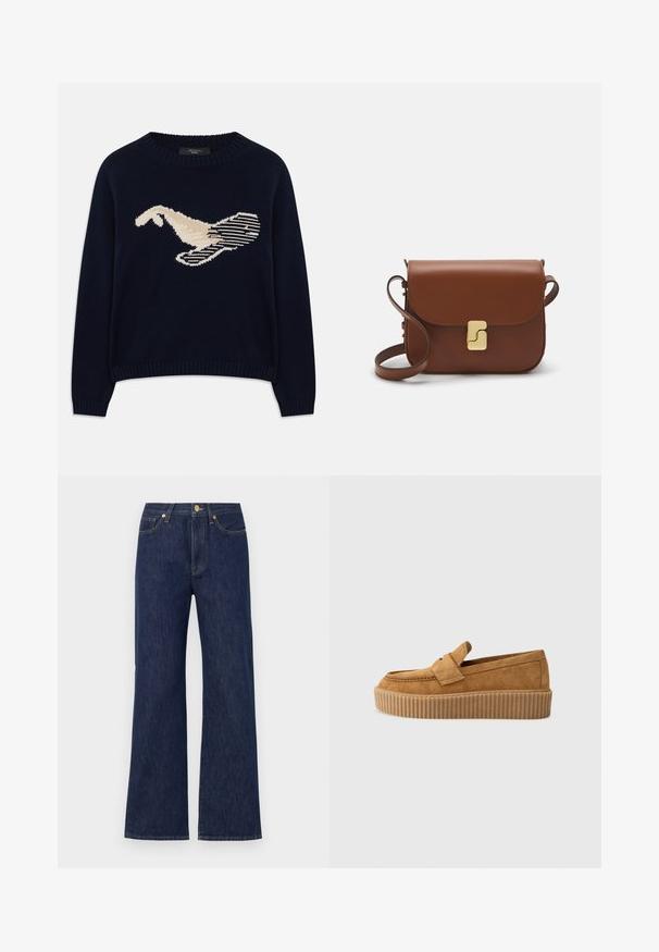 Jersey de punto azul marino con un gráfico de color crema de un pájaro. El diseño incluye patrones lineales y un cuello y puños acanalados.; Jeans de pierna ancha azul oscuro hechos de denim. Presentan un cierre de botón, bolsillos frontales y costuras en contraste. Diseño limpio y clásico.; Mocasín de ante marrón con punta redonda, presentado con una suela de plataforma estriada y una cinta decorativa en la parte superior.; Bolso de mano de cuero marrón con cierre de solapa, herrajes en tono dorado, correa para el hombro y una textura suave. Forma rectangular compacta.