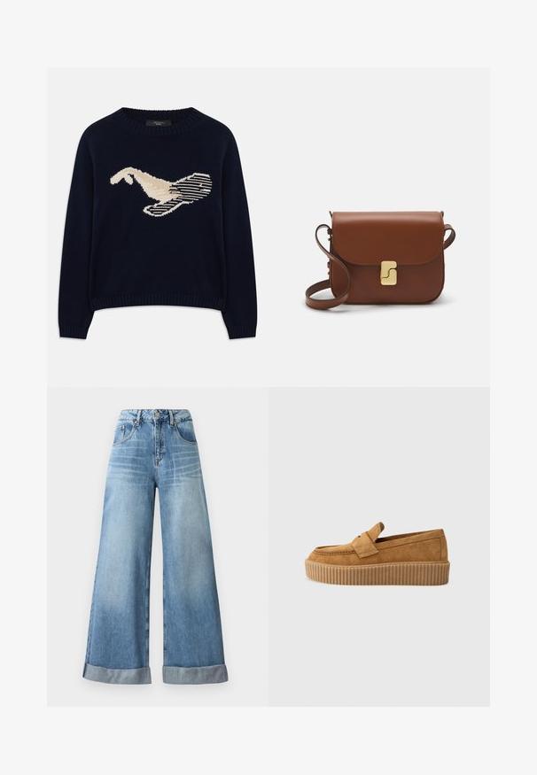 Pulover tricotat de culoare bleu marin, cu un grafic de pasăre de culoare crem. Designul include modele liniare și un guler și manșete cu model în relief.; Jeans de denim de culoare albastră deschisă, cu croială largă, talie înaltă, dotate cu închidere cu nasture, cinci buzunare și mansete pliate la margine.; Mocasini din nubuc maroniu cu vârf rotund, având o talpă platformă cu nervuri și o curea decorativă peste partea superioară.; Geantă de piele maro cu închidere tip capac, accesorii de culoare aurie, curea de umăr și o textură netedă. Formă compactă și rectangulară.