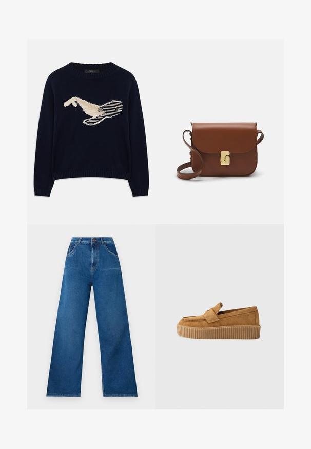 Marineblauwe gebreide trui met een crèmekleurige graphic van een vogel. Het ontwerp bevat lineaire patronen en een geribde halslijn en manchetten.; Brede pijpen jeans in donkerblauwe denim met een hoge taille, voorzien van voor- en achterzakken, en contrasterende stikseldetails.; Bruine suède instapper met een ronde neus, voorzien van een ribbelige platformzool en een decoratieve band over de bovenkant.; Bruine leren handtas met een klep sluiting, gouden hardware, een schouderband en een gladde textuur. Compact rechthoekige vorm.