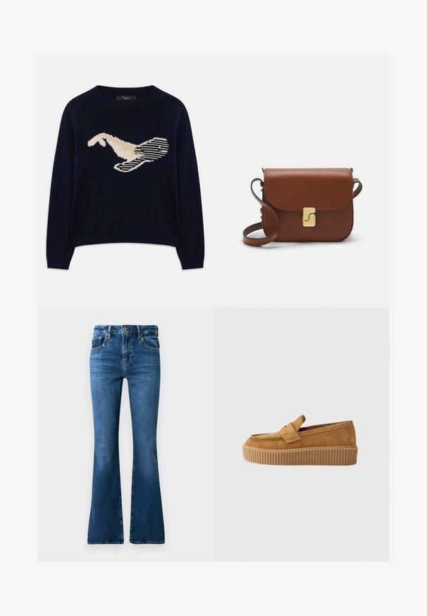 Dunkelblauer Strickpullover mit einem cremefarbenen Grafikdesign eines Vogels. Das Design umfasst lineare Muster sowie ein geripptes Halsbündchen und Manschetten.; Blaue Denim-Patrouillenjeans mit mittelhohem Bund, fünf Taschen, subtiler Ausbleichung und Nahtverzierungen entlang der Nähte.; Brauner Wildleder-Loafer mit runder Zehenform, ausgestattet mit einer gerippten Plattformsohle und einem dekorativen Riemen über dem Obermaterial.; Braune Ledertasche mit Klappenverschluss, Beschlägen in Goldfarbe, einem Schultergurt und einer glatten Oberfläche. Kompakte rechteckige Form.