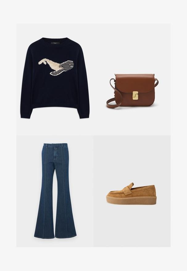 Tamsiai mėlynas megztinis su kreminės spalvos paukščio grafiką. Dizainas apima linijines formas ir pulpino apykaklę bei rankogalius.; Tamsiai mėlynos spalvos džinsiniai platėjančios kelnės, turinčios struktūruotas siūles ir švarų apdailą. Su vidutinio aukščio juosmeniu ir plačiomis, laisvai krentančiomis kojomis.; Rudos suedinės loafer tipo bateliai su apvaliu pirštu, turintys raukšlėtą platformos padą ir dekoratyvinę juostą per viršutinę dalį.; Ruda odinė rankinė su uždaromu dangteliu, aukso spalvos detalėmis, petneša ir lygiu paviršiumi. Kompaktiška stačiakampio formos.