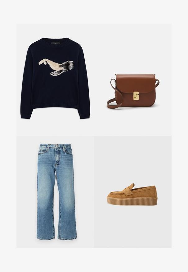 Tamsiai mėlynas megztinis su kreminės spalvos paukščio grafiką. Dizainas apima linijines formas ir pulpino apykaklę bei rankogalius.; Šviesiai mėlyni džinsai su plačiomis kojomis, penkios kišenės ir mygtuko užsegimas. Audinys turi subtilų blukimą ir klasikinę tekstūrą.; Rudos suedinės loafer tipo bateliai su apvaliu pirštu, turintys raukšlėtą platformos padą ir dekoratyvinę juostą per viršutinę dalį.; Ruda odinė rankinė su uždaromu dangteliu, aukso spalvos detalėmis, petneša ir lygiu paviršiumi. Kompaktiška stačiakampio formos.