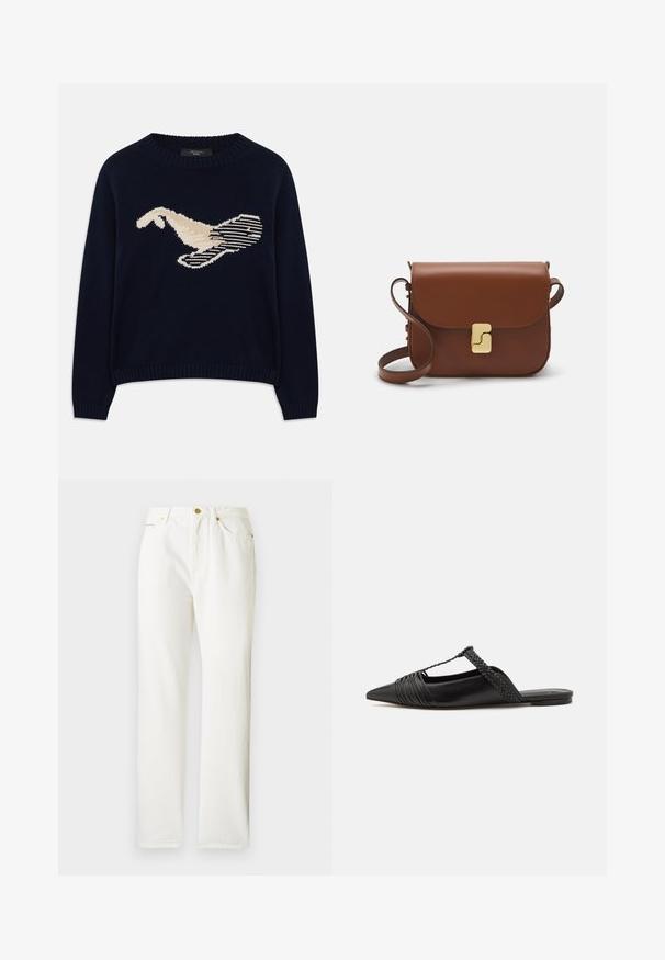 Pulover tricotat de culoare bleu marin, cu un grafic de pasăre de culoare crem. Designul include modele liniare și un guler și manșete cu model în relief.; Pantaloni din denim alb, cu un design drept, prezentând un închidere frontală cu buton și o textură subtilă. Include buzunare laterale și hardware minim.; Pantofii din piele neagră cu curea la spate au vârful ascuțit, prezentând un accent țesut și un design superior pliat. Talpa joasă cu hardware minim.; Geantă de piele maro cu închidere tip capac, accesorii de culoare aurie, curea de umăr și o textură netedă. Formă compactă și rectangulară.