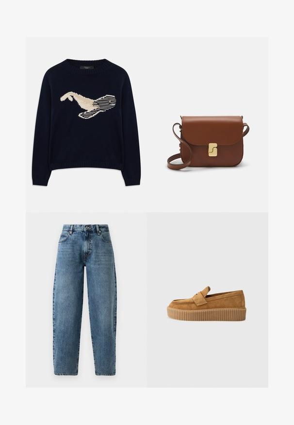 Navy blue neulepaita, jossa on kermanvärinen linnugrafiikka. Suunnittelussa on viivamaisia kuvioita sekä ribbireunat kauluksessa ja hihoissa.; Vaaleansiniset farkut, suoralla lahkeella, korkea vyötärö ja minimalistinen ommel. Klassinen viiden taskun malli metalliosilla.; Kastanjanruske mokasiner med rund tå, som har en ribbet plattformssåle og en dekorativ stropp over vristen.; Ruskea nahkainen käsilaukku, jossa on läppäkiinnitys, kultasävyiset yksityiskohdat, olkahihna ja sileä pinta. Kompaktin suorakaiteen muotoinen.