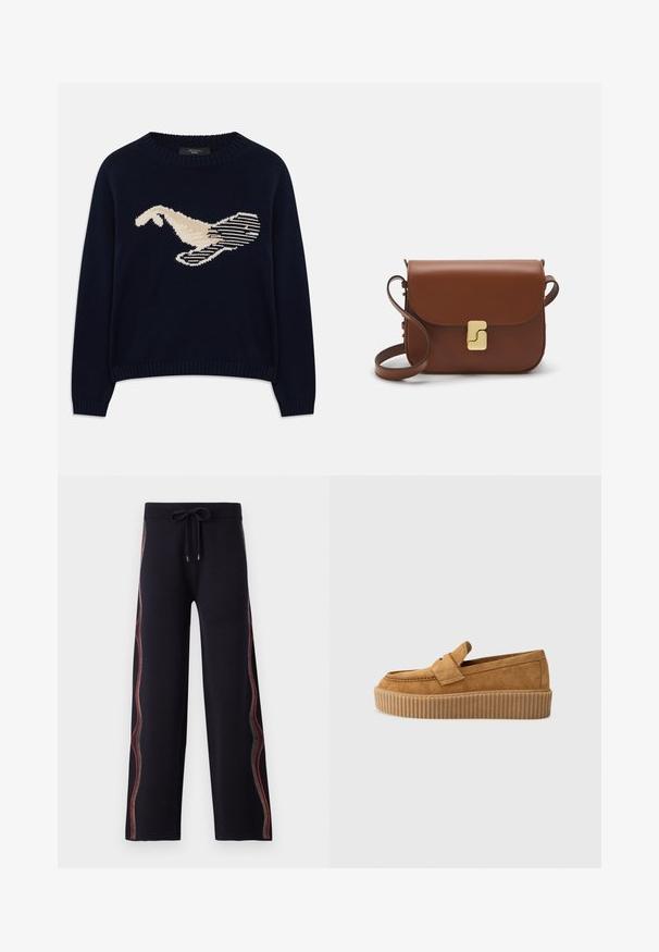 Marineblauwe gebreide trui met een crèmekleurige graphic van een vogel. Het ontwerp bevat lineaire patronen en een geribde halslijn en manchetten.; Zwarte broek met wijde pijpen van een zachte stof, voorzien van morekleurige decoratieve stiksel langs de zijkant en een verstelbare trekkoord in de taille.; Bruine suède instapper met een ronde neus, voorzien van een ribbelige platformzool en een decoratieve band over de bovenkant.; Bruine leren handtas met een klep sluiting, gouden hardware, een schouderband en een gladde textuur. Compact rechthoekige vorm.